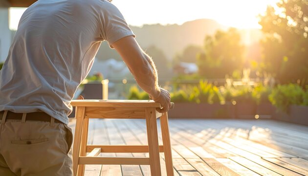 Persona montando una silla de madera en una terraza exterior con luz c&aacute;lida de atardecer en una escena de bricolaje dom&eacute;stico
