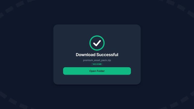 Download success notification pop-up, green checkmark and text on dark background, seamless loop, symbolizing completion and confirmation