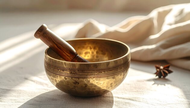 Cuenco tibetano con mazo sobre tela clara y luz natural en una composici&oacute;n de bienestar, meditaci&oacute;n y relajaci&oacute;n