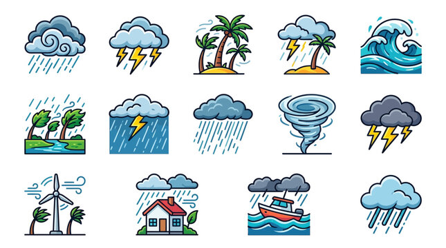 Rain, Lightning, Waves, Tornadoes, and Boat Illustrations in a Graphic Design Environment