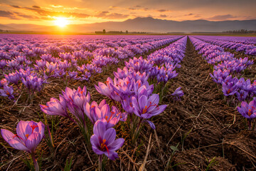 Obraz premium Premium Saffron Crocus Flower Farm with Vibrant Purple Blossoms in Sustainable Agricultural Landscape