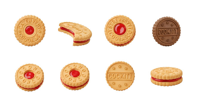 Set of assorted sandwich cookies with fruit jam filling on black background