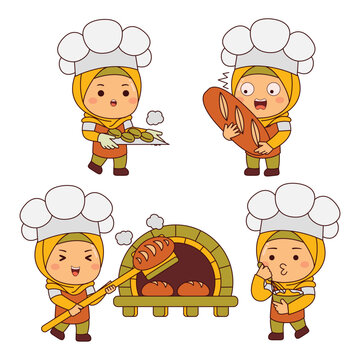 cute baker girl hijab cartoon character vector illustration
