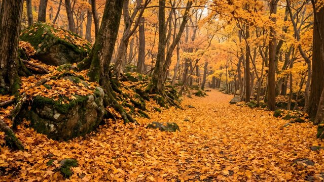 A majestic and serene autumn landscape in a deep Japanese forest, featuring a dense carpet of vibrant golden maple leaves covering the mossy ground, rocks, and tree roots.