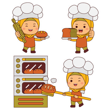 cute baker girl hijab cartoon character vector illustration