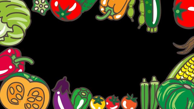 Looping Summer Vegetable Circular Frame Animation, Swaying Fresh Produce Border, Alpha Channel