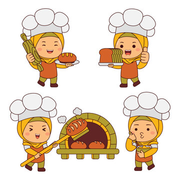 cute baker girl hijab cartoon character vector illustration