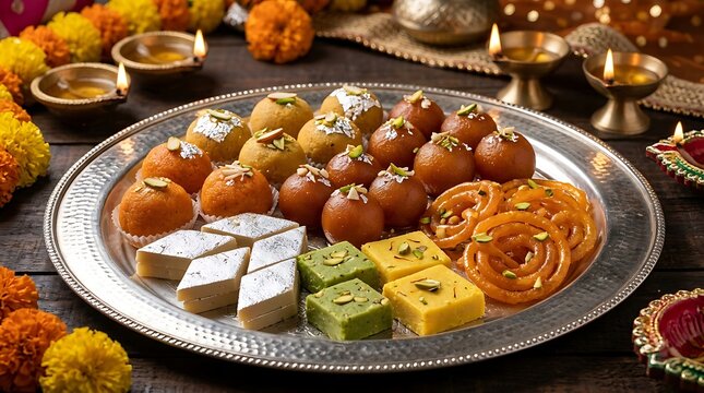 A delectable Photo Realistic studio shot showcasing a vibrant and tempting assortment of traditional Indian Diwali sweets, beautifully arranged for festive celebrations.