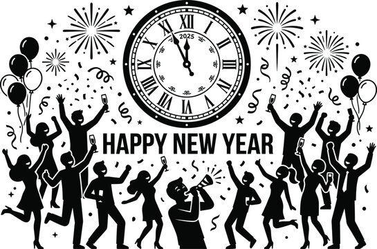 Happy New Year Celebration Vector Illustration with People Party Silhouettes Midnight Countdown Clock and Confetti Graphics