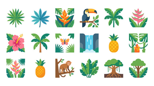 A stylized vector illustration depicts tropical birds and monkeys perched among large leaves and bright flowers in a jungle scene.