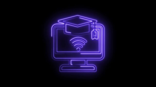 Neon glowing graduation cap on computer screen with wifi symbol and diploma tag online icon