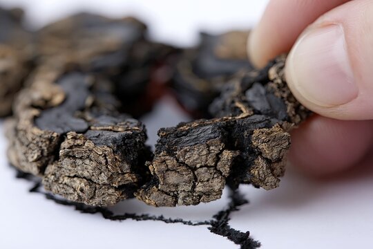 Close-up of person holding broken piece of charred burned wood with fingers