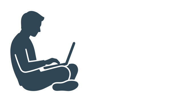 A dark blue silhouette of a person sitting cross legged and using a laptop computer.