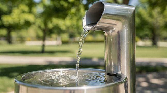 Modern stainless steel drinking water fountain in a sunny green park.