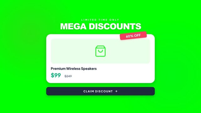 Dynamic Animated Sale Announcement with "Mega Discounts" Text and Product Card Featuring Wireless Speakers, Representing Limited Time Offers and Smart Shopping Opportunities