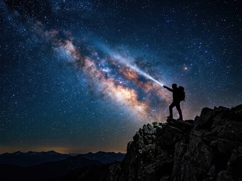 Silhouette hiker with flashlight illuminates the Milky Way galaxy from a mountain peak at night