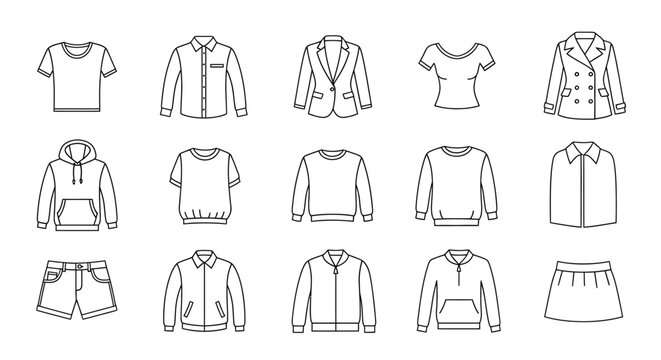 Minimalist clothing line icons set, 15 apparel vector illustrations, casual fashion garment outlines for retail and e-commerce web design