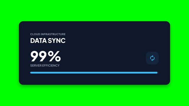 Dynamic data synchronization progress bar animation on dark interface with percentage indicator, representing cloud infrastructure efficiency and seamless data transfer, symbolizing technological