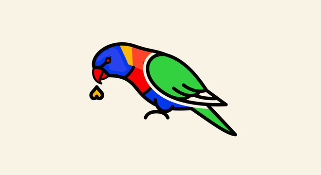 Colorful tropical parrot bird eating food vector illustration.