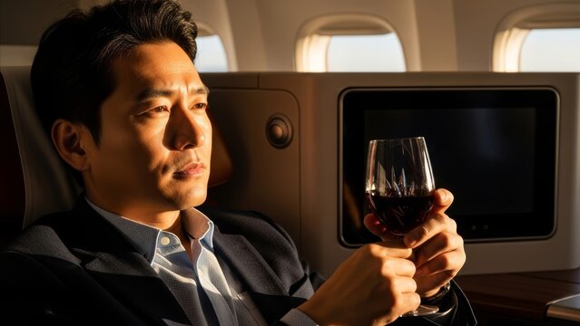 Business - Asian Businessman Relaxing in First Class Airplane Seat Holding Red Wine Glass at Sunset
