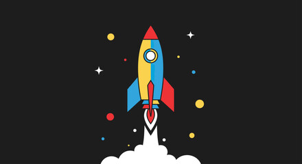 Colorful space rocket launch against black starry background. © AJI T
