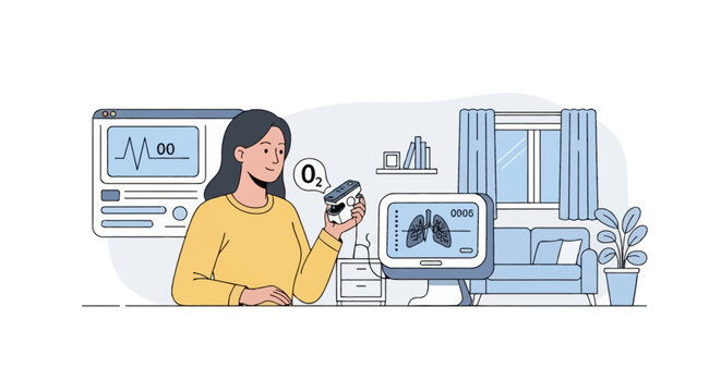 Hand drawn vector illustration of a woman using a pulse oximeter at home for oxygen saturation monitoring with digital screens showing lung health scans and heart rate data.