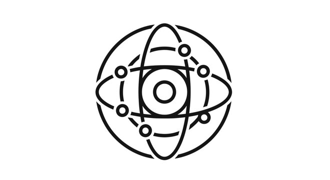 Circular orbital science icon in black and white.