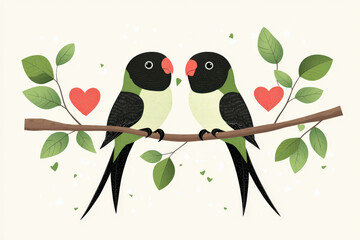 Obraz premium Lovebird branch heart leaf playful bird couple green two lovebirds sitting on branch with heart leaf playful scene