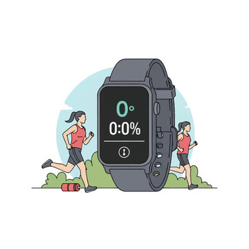 Minimalist hand-drawn vector illustration of a gray smartwatch with digital display showing workout data, featuring two women jogging in an outdoor park for fitness tracking.