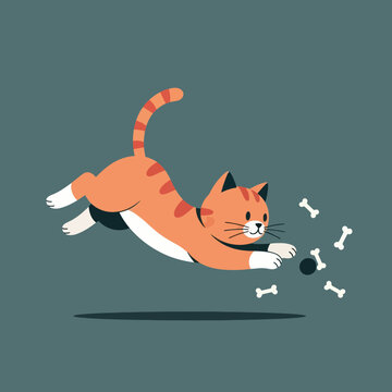 Cartoon cat jumping in air with dog bones