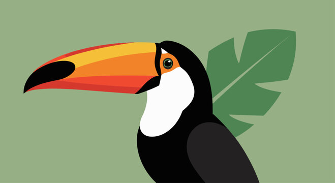 Colorful toucan bird illustration on green tropical background.