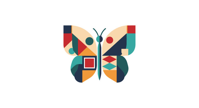 Colorful mosaic butterfly logo with geometric patterns.