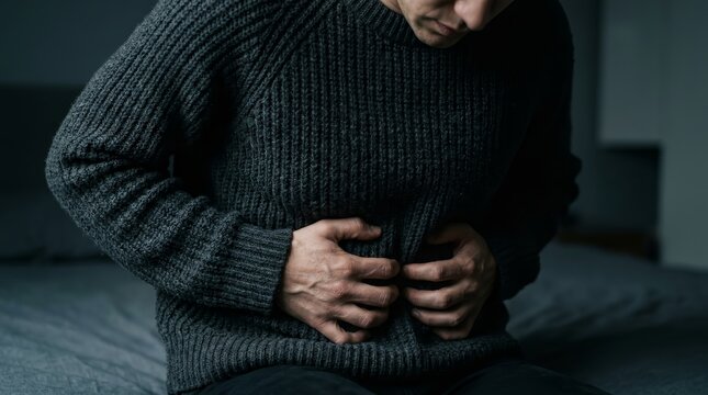 Man clutching his abdomen suggesting symptoms of colitis, ulcers, or infection.