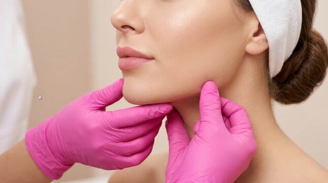 Close-up of an aesthetician's gloved hands performing a fat burning injection procedure on a woman's jawline and neck.