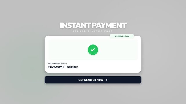 Dynamic digital interface animation showing instant payment confirmation with a green checkmark and 'Successful Transfer' text, symbolizing secure and ultra-fast financial transactions and seamless