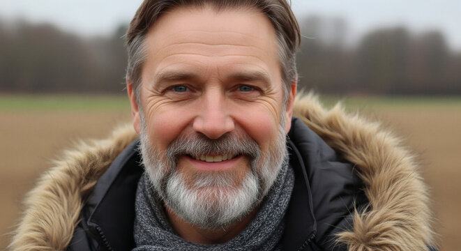 Retrato de um homem de meia-idade sorrindo, com barba e casaco de inverno com capuz de pele, ao ar livre em um dia nublado.