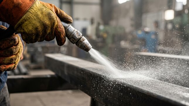 Industrial sandblasting technique used for metal surface preparation