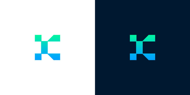 Abstract letter K digital technology logo icon set with green and blue gradient on white and dark background