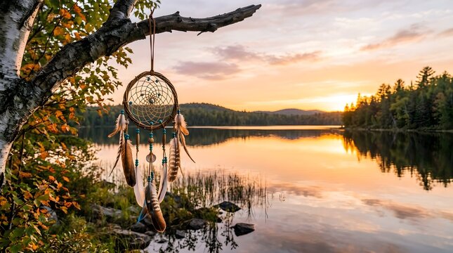Dreamcatcher Hanging on Tree Branch Over Calm Lake at Sunset with Reflections