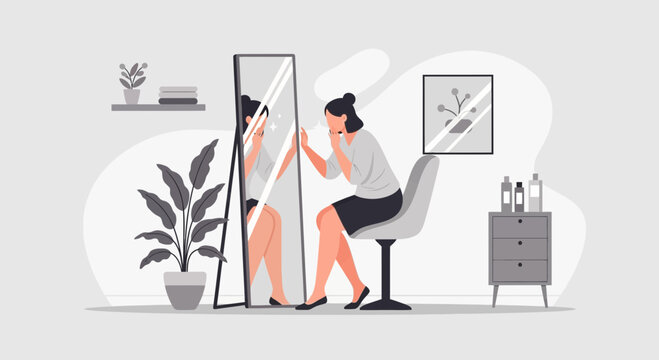 Woman checking appearance in mirror, self-care, beauty, reflection, modern interior.