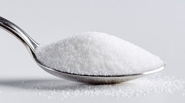 A shiny metal spoon filled with white granulated sugar crystals isolated on a clean light gray background for culinary and sweet food ingredient concepts