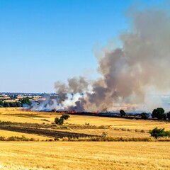 Fototapeta premium Industrial smoke stack emitting white vapor in rural field.