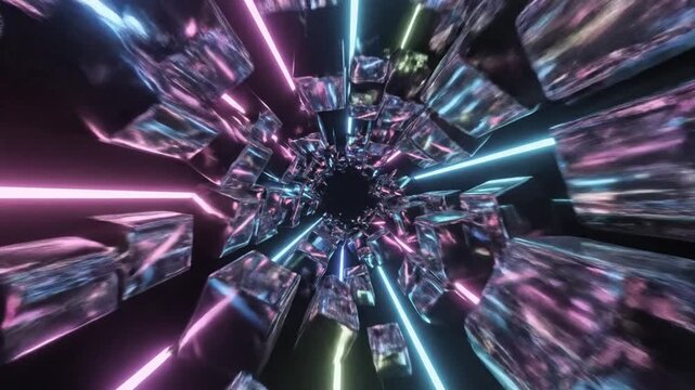 Abstract 3D tunnel flight through floating glass cubes with neon lights