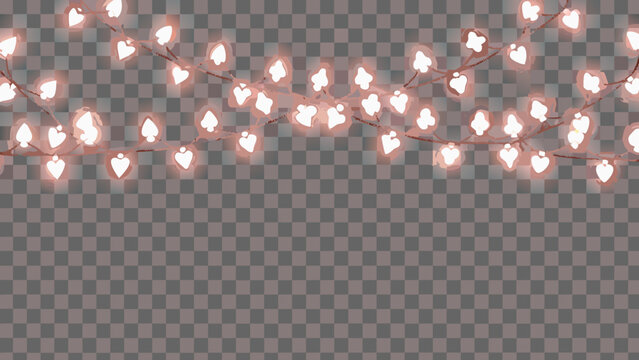 Heart shaped string lights vector illustration with transparent background
