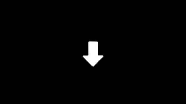 Abstract white glowing down arrow icon animation.Animated arrow pointing down on black background.4k video.