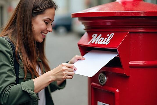 Woman dropping a letter into a red mailbox labeled Mail symbolizing mail delivery and communication.