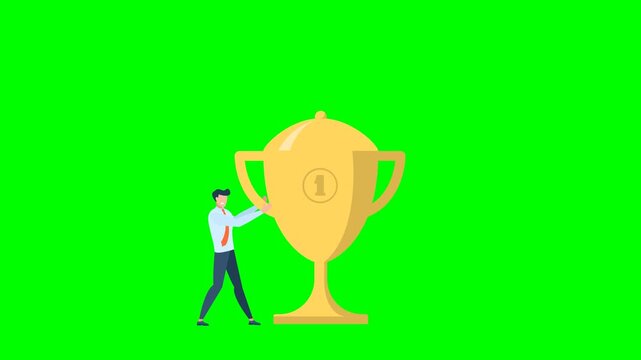 First place among competitors. Gold cup trophy symbol icon in flat style, team support, work. Concept of victory, competition, duel, fight. Business success strategy. 2d flat animation. Alpha channel
