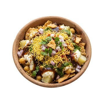 Top view of delicious indian chaat street food served in a small paper bowl isolated on transparent background