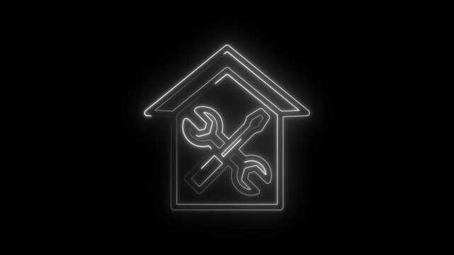 Neon house icon with crossed wrench and screwdriver glowing on black background for home repair