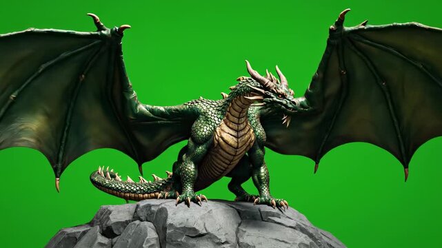 Mythical dragon posing with spread wings on rocky outcrop against vibrant green screen background with cinematic motion